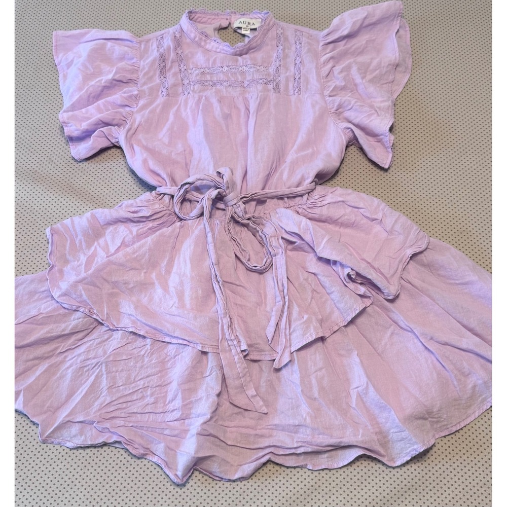 Aura Lavender Cotton Tiered Ruffle Mini Dress Crochet Lace Trim Purple Medium